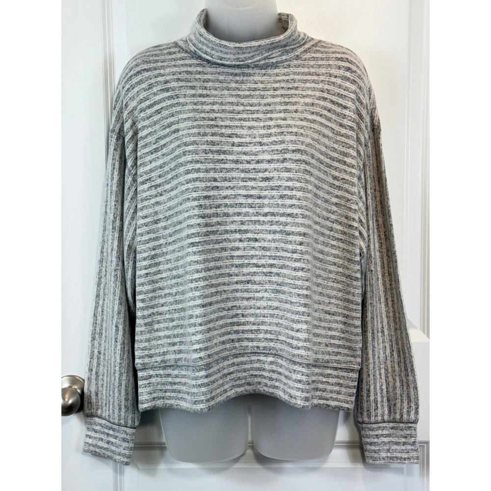 NWT Lou & Grey Striped Mock Neck Long Sleeve Top Medium Heather Grey Pullover M